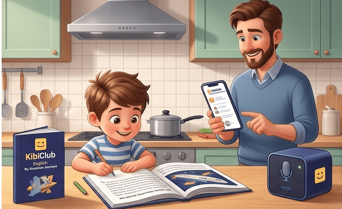 Parent and child using Kibi Club on a device and workbook in the kitchen